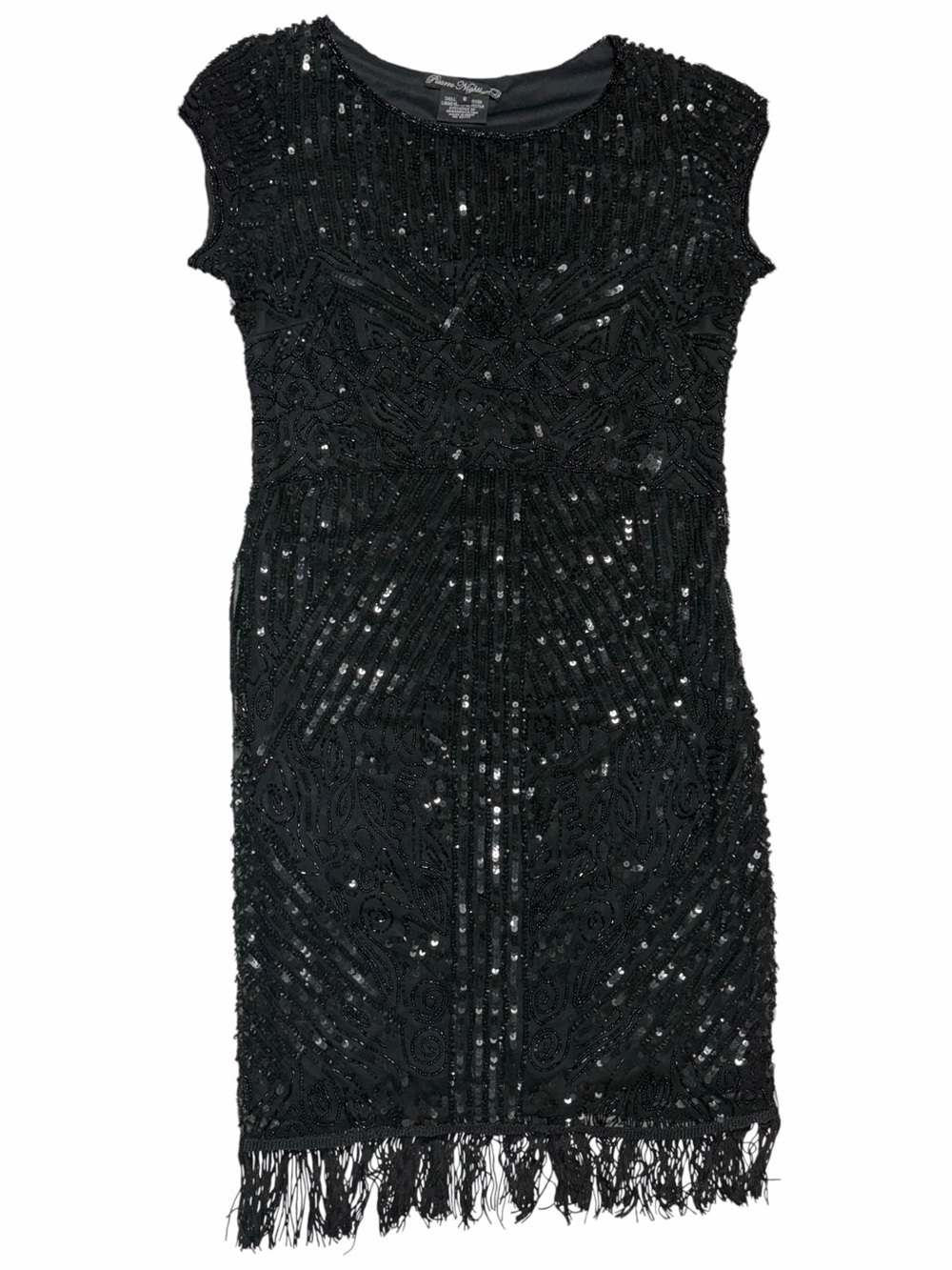 Pisarro Nights Black Beaded Sequin Fringe Cocktail Dress Art Deco Gatsby Flapper